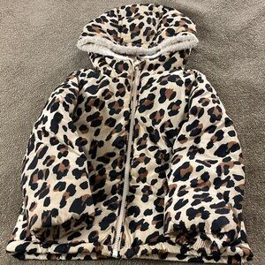 Leopard Print Hooded Puffer Jacket - Brown & Black
